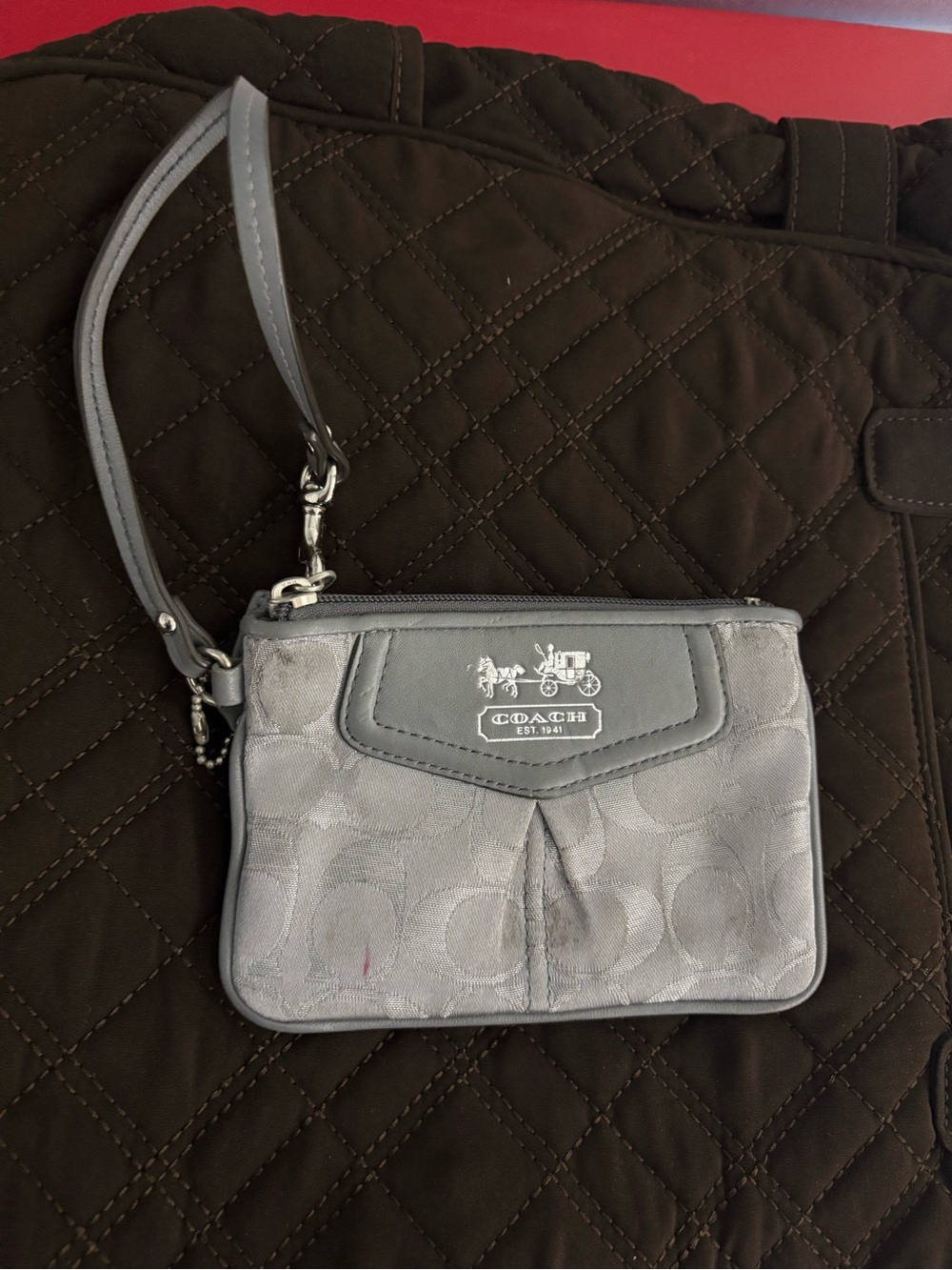 Coach Silver Gray Signature Wristlet with Logo Plaque